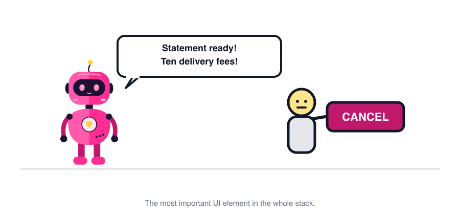 Pang the intern proudly announcing ten delivery fees while a human reaches for the Cancel button