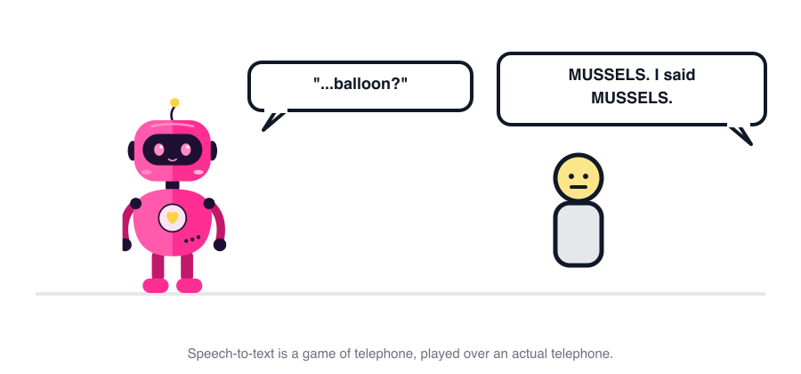PNK-01 asking 'balloon?' while a customer shouts 'MUSSELS. I said MUSSELS.'